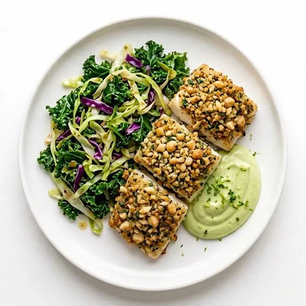 Australian Macadamia Crusted Herb Fish With Kale Cabbage Mix & Avocado Cream